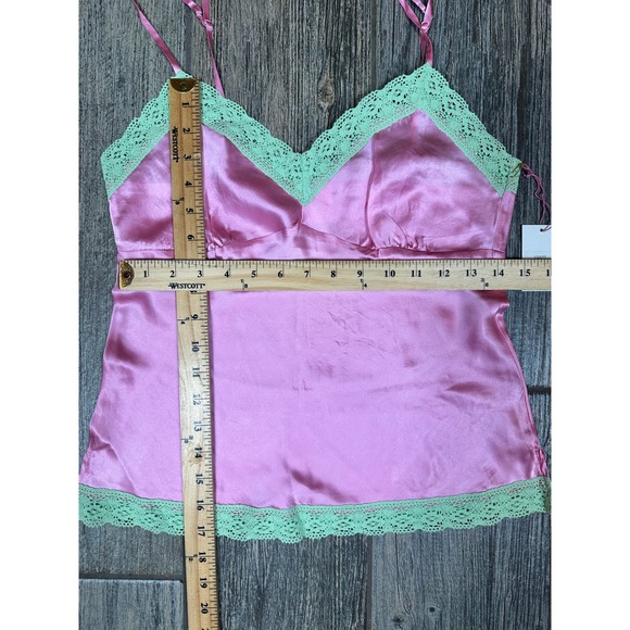 Gold Hawk Pink Silk Cami Top Green Lace Trim Lingerie Sleeveless Tank New S - Picture 5 of 8